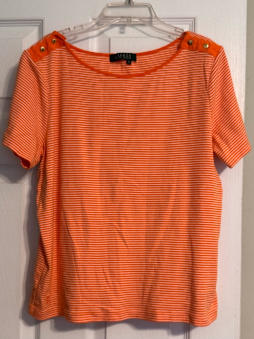 Lauren Ralph Lauren Orange White Stripe Gold Button Shoulder Short Sleeve Top XL
